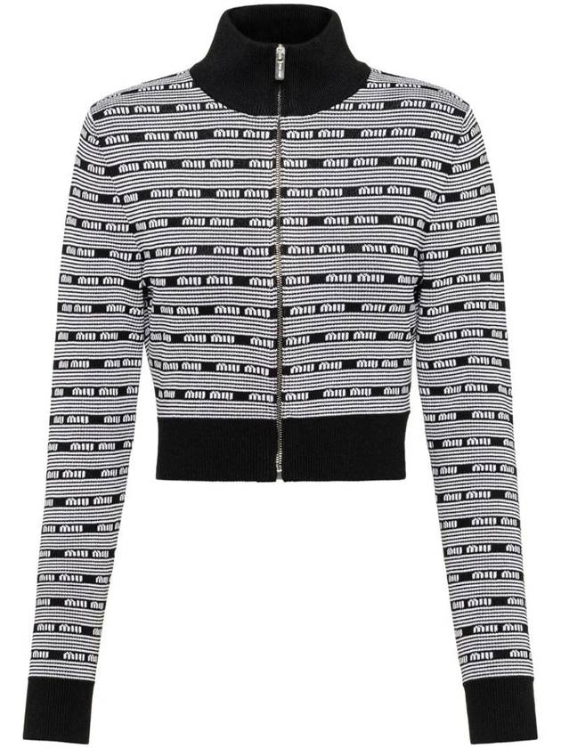 Striped Logo Viscose Turtleneck Cardigan Black White - MIU MIU - BALAAN 1