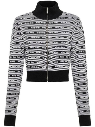 Striped Logo Viscose Turtleneck Cardigan Black White - MIU MIU - BALAAN 1