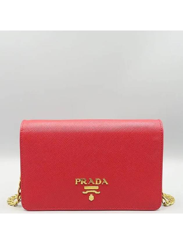 1BP006 Red leather SAFFIANO LUX gold mini chain cross bag - PRADA - BALAAN 2