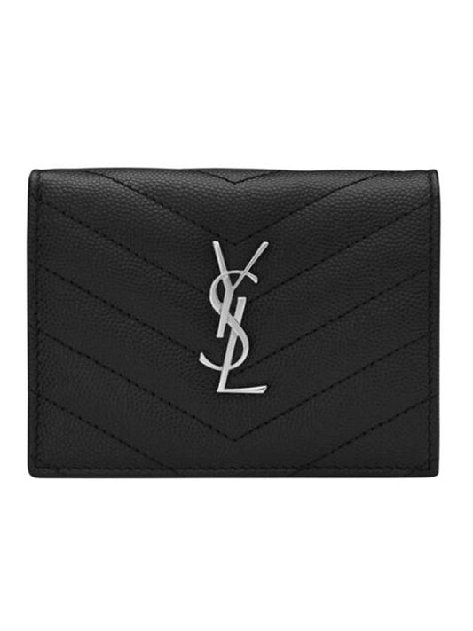 Grain De Poudre Textured Quilted Leather Silver Monogram Card Wallet Black - SAINT LAURENT - BALAAN 1