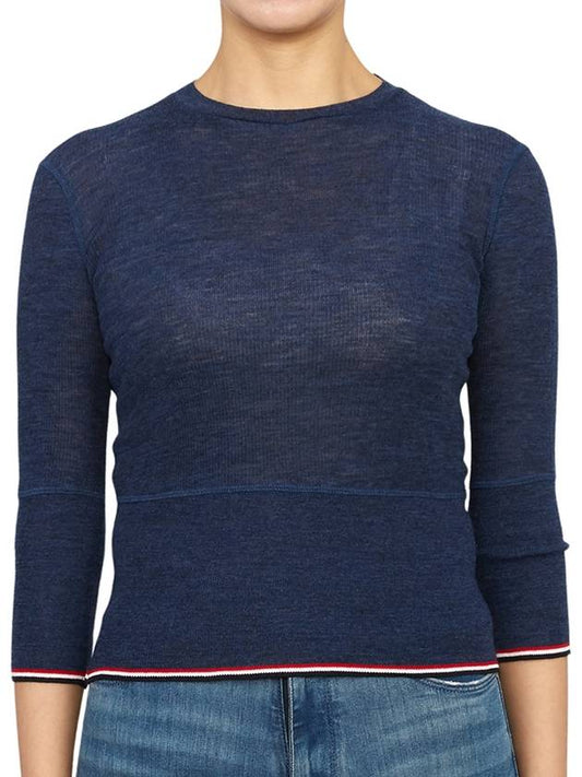 Women's Wool Rib 3/4 Sleeve Crew Neck Pullover Knit Top Navy - THOM BROWNE - BALAAN 2