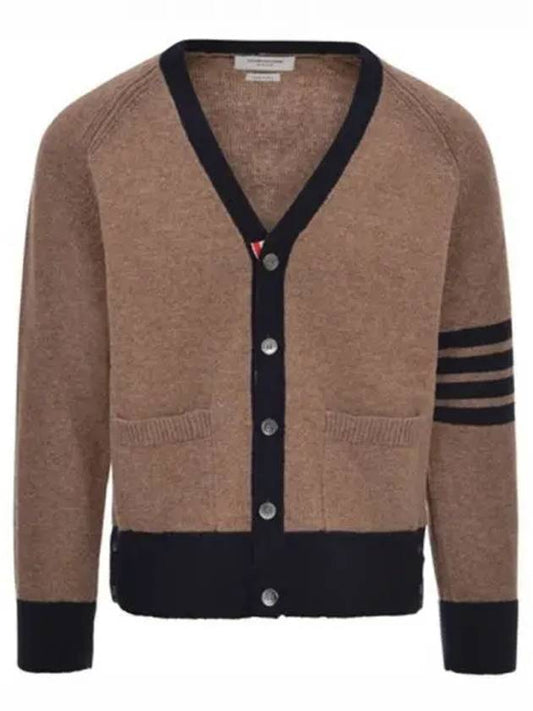 V-Neck 4-Bar Wool Cardigan Brown - THOM BROWNE - BALAAN 2