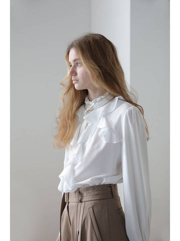 Gold Trimmed Ruffle Blouse Ivory - CAHIERS - BALAAN 1