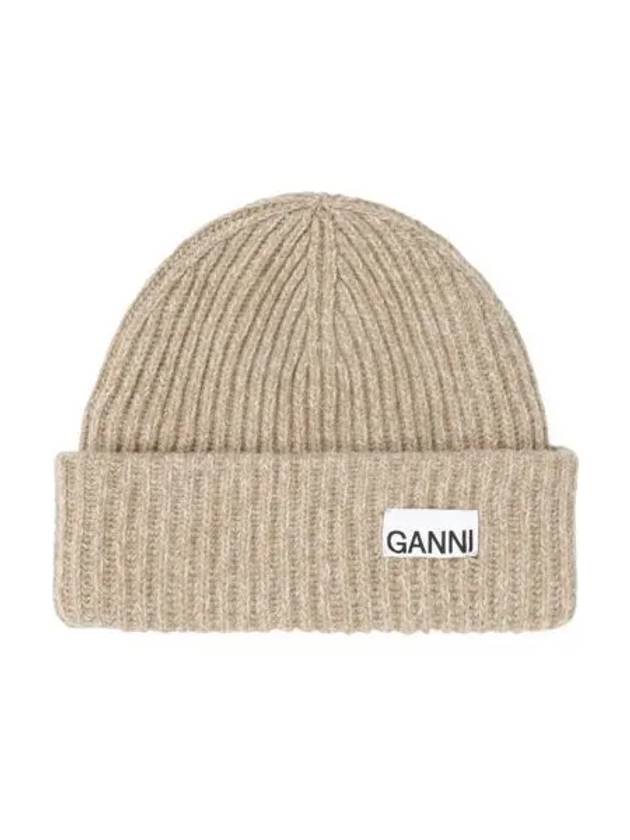 Logo Patch Wool Beanie Beige - GANNI - BALAAN 2