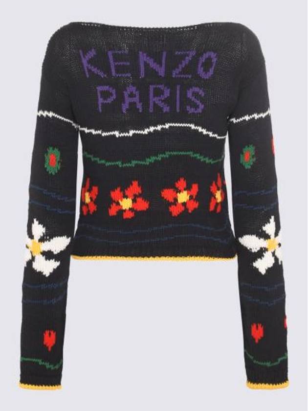 Flower Crop Cotton Linen Blend Knit Top Black - KENZO - BALAAN 3