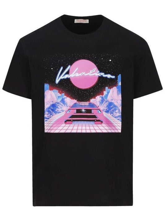 Space Graphic Print Short Sleeve T-Shirt Black - VALENTINO - BALAAN 1