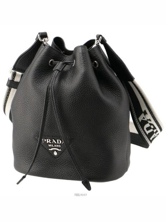 Logo Flo Leather Bucket Bag Black - PRADA - BALAAN 2