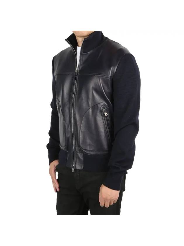 High Neck Leather Front Jacket Navy - TOM FORD - BALAAN 1