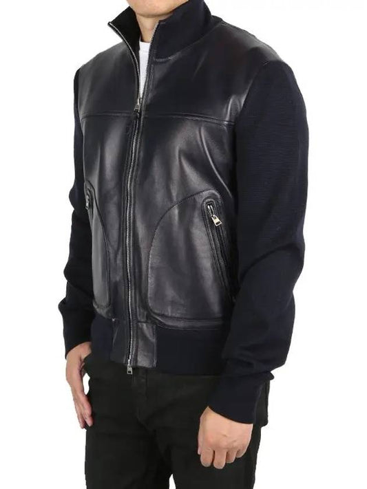 High Neck Leather Front Jacket Navy - TOM FORD - BALAAN 1
