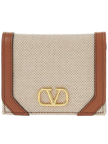 V Logo Signature Half Wallet Natural Brown - VALENTINO - BALAAN 1