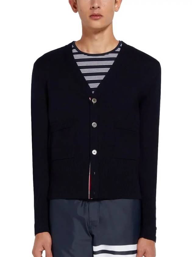 Men's Fine Merino Wool 4 Bar Cuff V-Neck Cardigan Navy - THOM BROWNE - BALAAN 3