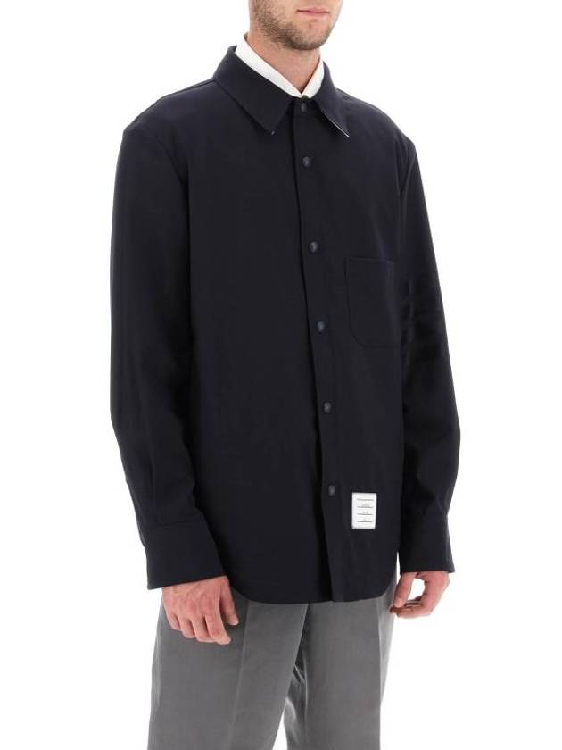 4 Bar Stripe Plain Weaving Wool Long Sleeve Shirt Navy - THOM BROWNE - BALAAN 3