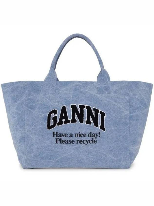 Embroidered Logo Oversized Canvas Tote Bag Blue - GANNI - BALAAN 2