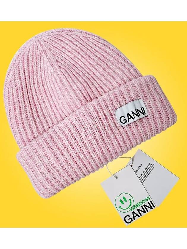 Logo Patch Knit Beanie Pink - GANNI - BALAAN 7