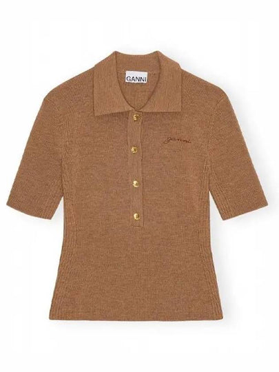 Ribbed Merino Knit Polo Shirt Brown - GANNI - BALAAN 2