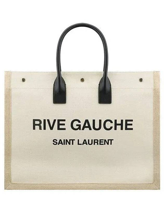 Rive Gauche Logo Linen Leather Tote Bag White - SAINT LAURENT - BALAAN 2