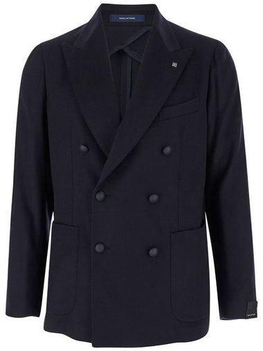 'Montecarlo' Blue Double-Breasted Jacket With Logo Pin In Tech Wool Man - TAGLIATORE - BALAAN 1