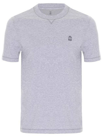 Logo Embroidered Cotton Short Sleeve T-Shirt Grey - BRUNELLO CUCINELLI - BALAAN.