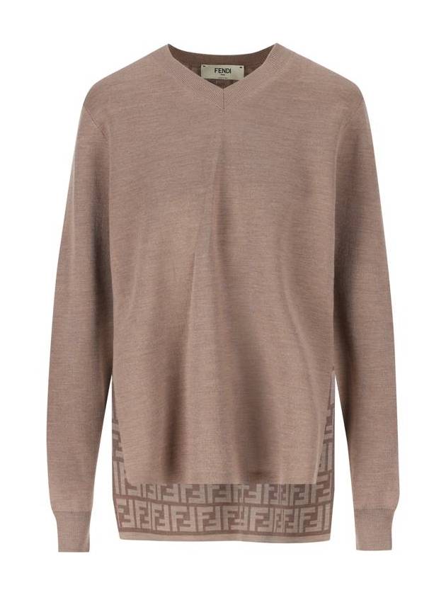 V-Neck Double Fabric Sweater Grey - FENDI - BALAAN 2