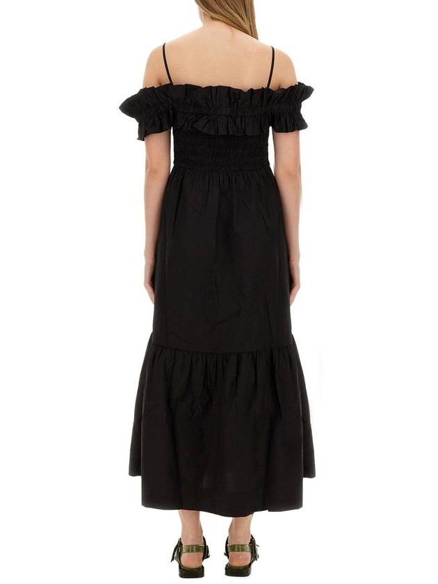 Poplin Off Shoulder Smoke Midi Dress Black - GANNI - BALAAN 4