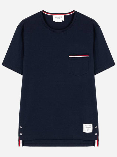 Men's Medium Weight Jersey Tipped Pocket Crewneck Short Short Sleeve T-Shirt Navy - THOM BROWNE - BALAAN 2