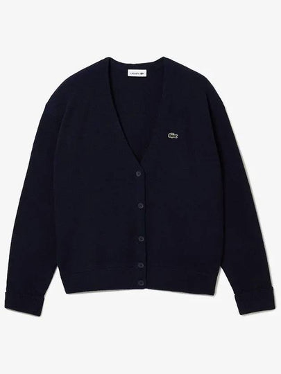 Relaxed Fit V-Neck Wool Cardigan Navy - LACOSTE - BALAAN 2