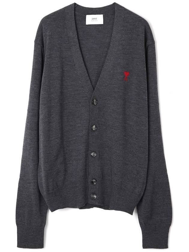 Red Heart Logo Merino Wool Cardigan Heather Grey - AMI - BALAAN 4