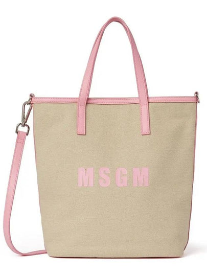 Small Logo Print Calf Leather Tote Bag Pink Beige - MSGM - BALAAN 2