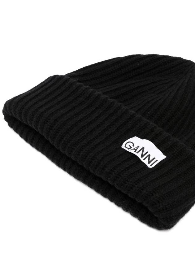 Logo Patch Knit Beanie Black - GANNI - BALAAN 3