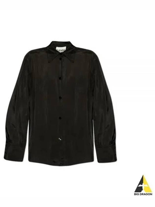 Viscose Habotai Long Sleeve Shirt Black - GANNI - BALAAN 2