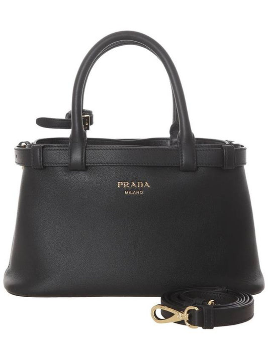 Double Belt Buckle Large Leather Handles Tote Bag Black - PRADA - BALAAN 2