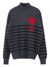 Men's Heart Logo Striped Turtleneck Grey - AMI - BALAAN 10