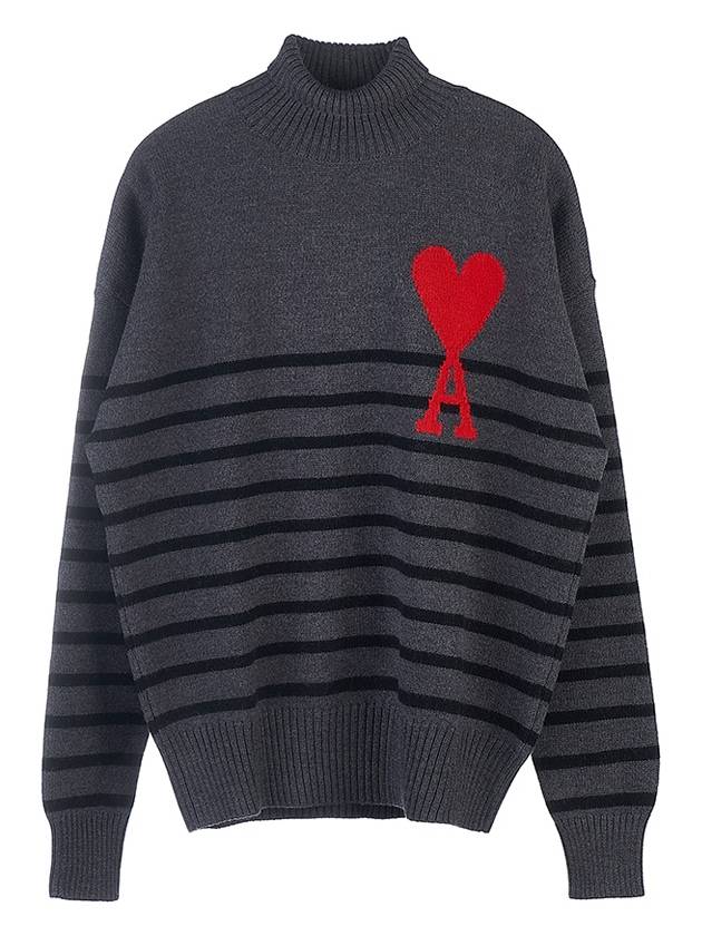 Men's Heart Logo Striped Turtleneck Grey - AMI - BALAAN 10