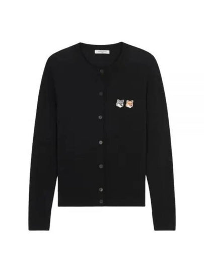 Double Fox Head Patch Round Neck Cardigan Black - MAISON KITSUNE - BALAAN 2