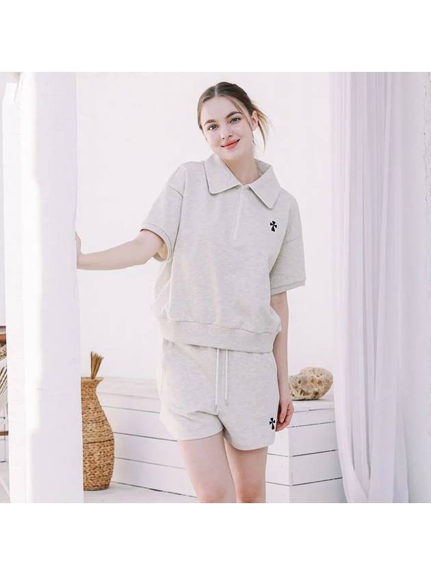 Women's Hank Logo Half Zip Up Short Sleeve T-Shirt Shorts Setup Oatmeal - MACASITE - BALAAN 2