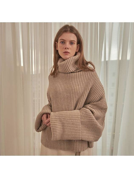 Women's Oversized Lambswool Turtleneck Oatmeal - WHITE PROJECT - BALAAN 1