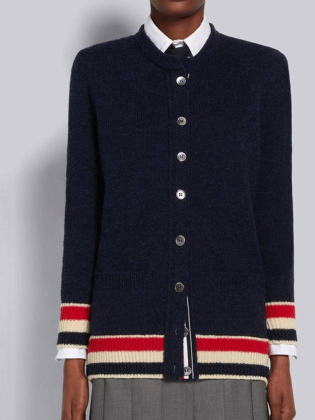 Jersey Stitch Shetland Wool Stripe Crew Neck Cardigan Navy - THOM BROWNE - BALAAN 2