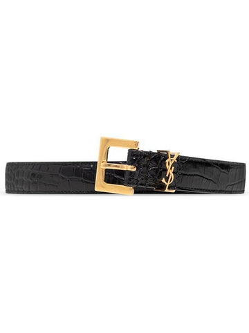 Monogram Square Buckle Crocadile Embossed Thin Leather Belt Black - SAINT LAURENT - BALAAN.