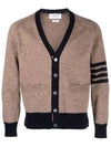 V-Neck 4-Bar Wool Cardigan Brown - THOM BROWNE - BALAAN 2