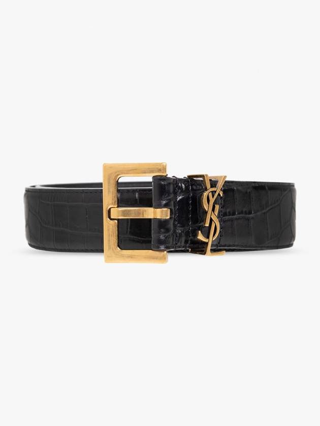 Cassandra Square Crocodile Leather Buckle Belt Black - SAINT LAURENT - BALAAN 2