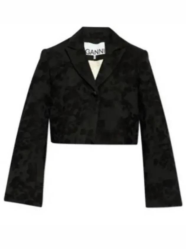 Boucle Jacquard Crop Blazer Jacket Black - GANNI - BALAAN 2