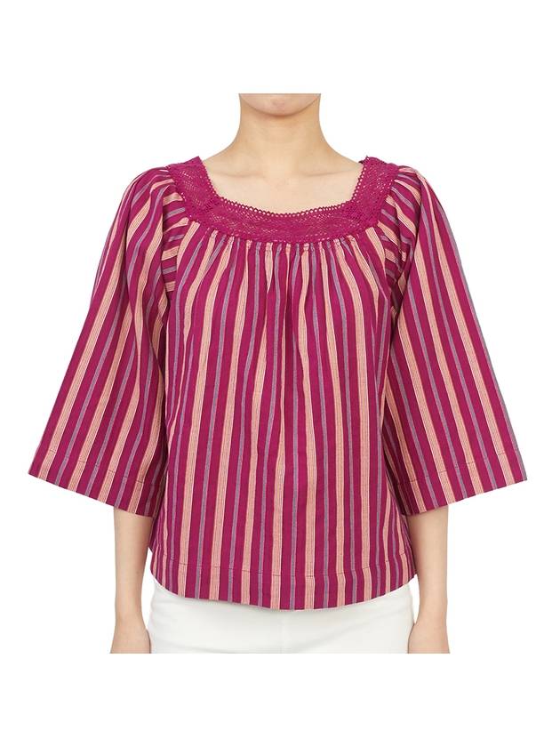 Women's Lace Collar Striped Cotton Blouse Pink - VANESSA BRUNO - BALAAN 2