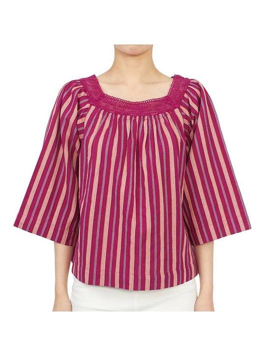 Women's Lace Collar Striped Cotton Blouse Pink - VANESSA BRUNO - BALAAN 1