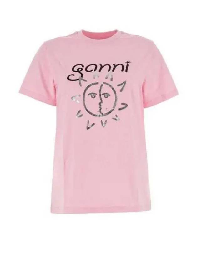 Logo Print Organic Cotton Short Sleeve T-Shirt Pink - GANNI - BALAAN 2