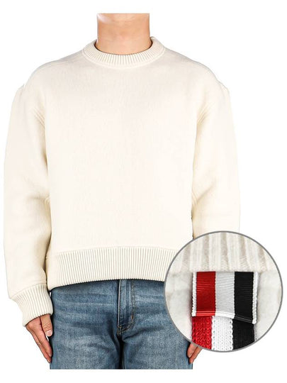 Logo Patch Striped Wool Fleece Crewneck Knit Top White - THOM BROWNE - BALAAN 2