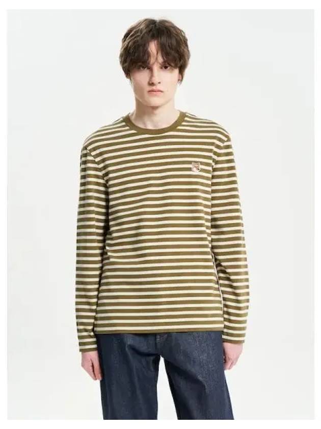 Men s Foxhead Patch Regular Marine Stripe T Shirt Khaki Green Stripes Domestic Product - MAISON KITSUNE - BALAAN 1