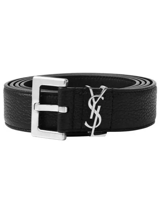 Grained Leather Silver Monogram Belt Black - SAINT LAURENT - BALAAN 2