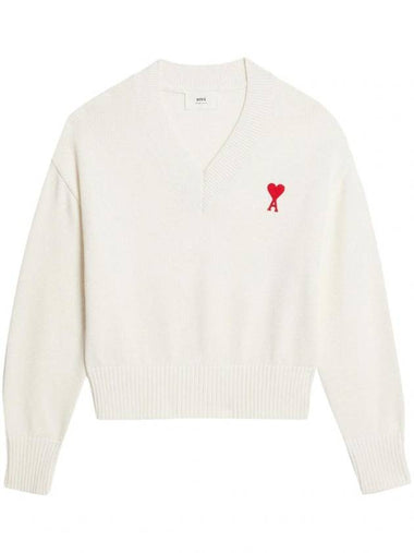 Heart Logo V-Neck Wool Knit Top White - AMI - BALAAN 1