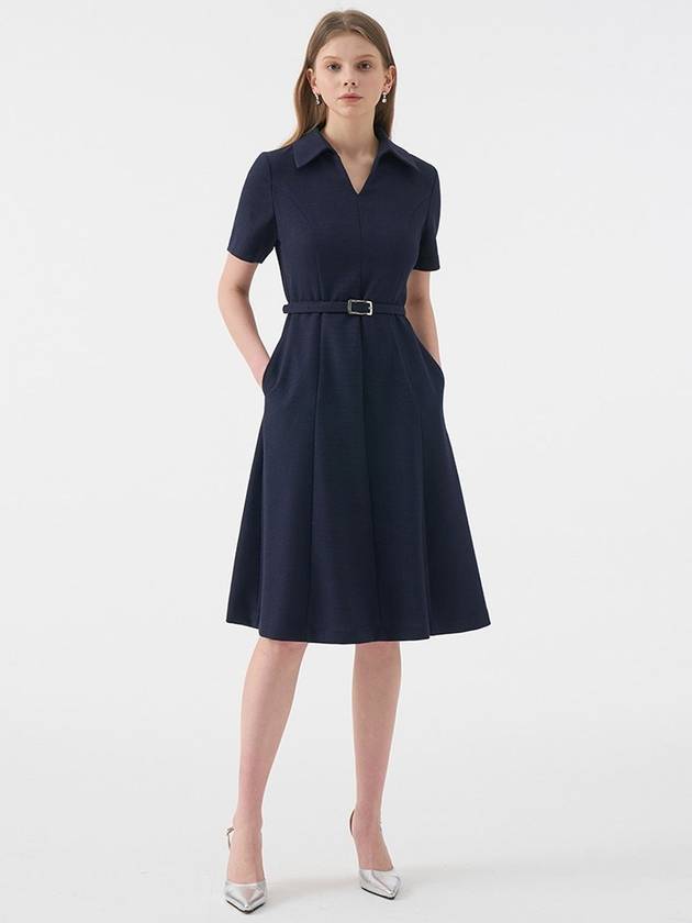 Women's Colia Open Collar Belted Midi Dress Navy - AME - BALAAN 2