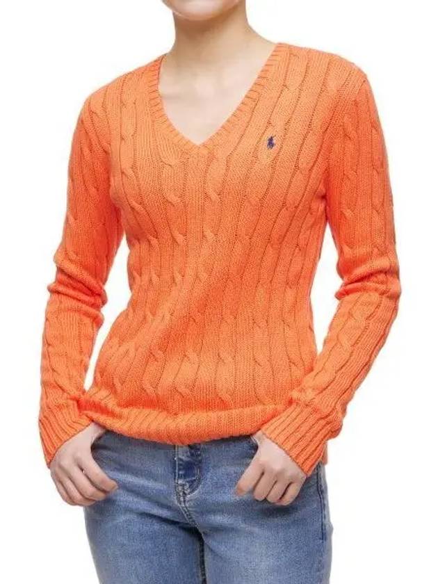 W cable knit cotton V neck sweater orange - POLO RALPH LAUREN - BALAAN 1